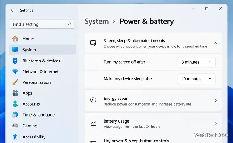 На экране питания и батареи Windows 11 отображаются отдельные таймауты выключения экрана и перехода в спящий режим.