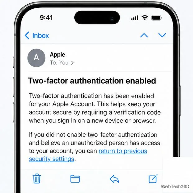 Esempio di email dell'account Apple con un link per ripristinare le impostazioni di sicurezza precedenti.
