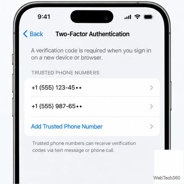 Pagina illustrativa dell'autenticazione a due fattori per iPhone con numeri attendibili e aggiunta di un numero di telefono attendibile.