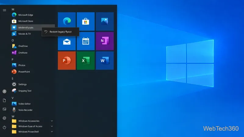 Иллюстрация меню «Пуск» Windows 10 с выбранным параметром ModernFlyouts и командой «Восстановить устаревшее всплывающее меню».