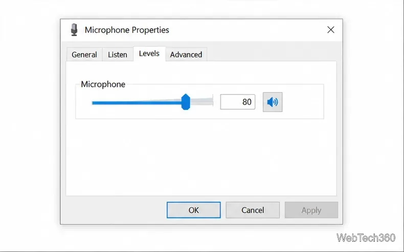 Classic Microphone Properties dialog on the Levels tab with microphone volume at 80 and unmuted.