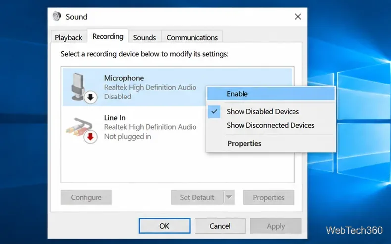 Classic Sound Recording tab showing a disabled microphone and the Enable command.