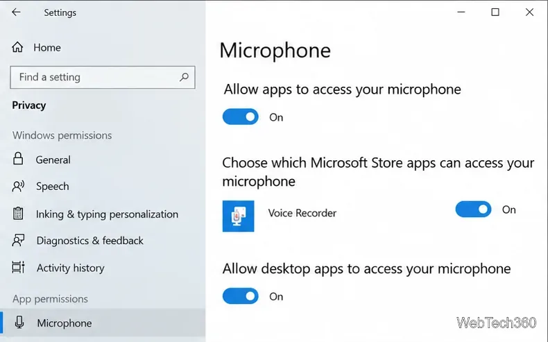 Windows 10 Microphone privacy page showing app access and desktop app access switched on.