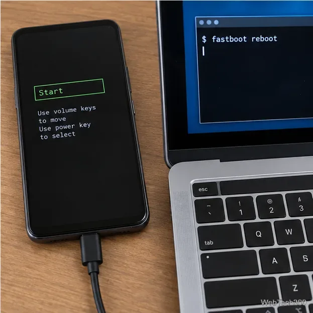 Android phone on a bootloader-style Start screen next to a laptop terminal showing the fastboot reboot command