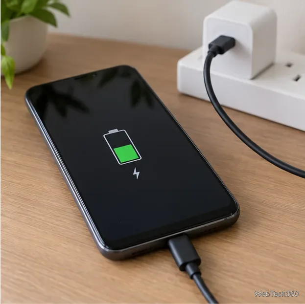 Android phone connected to a wall charger and displaying a battery charging symbol
