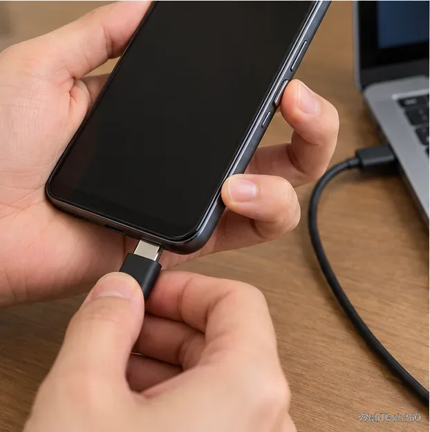 Person connecting an Android phone to a laptop by USB while holding a side volume button