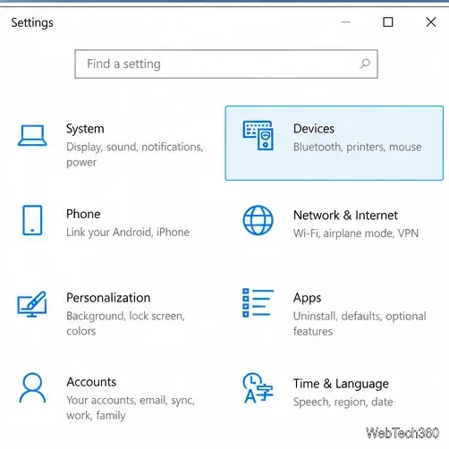 Page d'accueil des paramètres de Windows 10 avec la catégorie Appareils mise en évidence