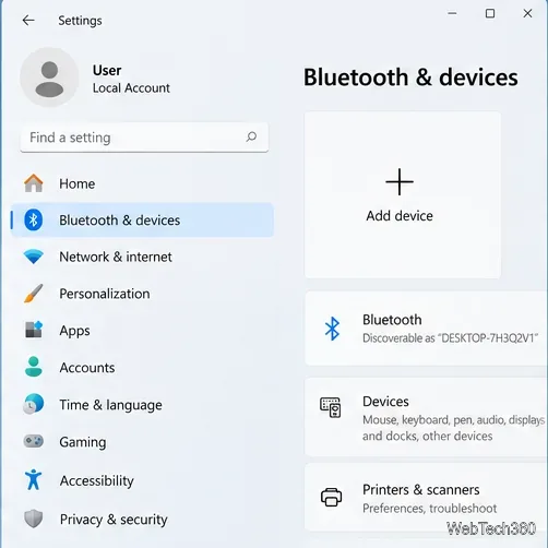 Paramètres de Windows 11 avec Bluetooth et périphériques sélectionnés dans la barre latérale