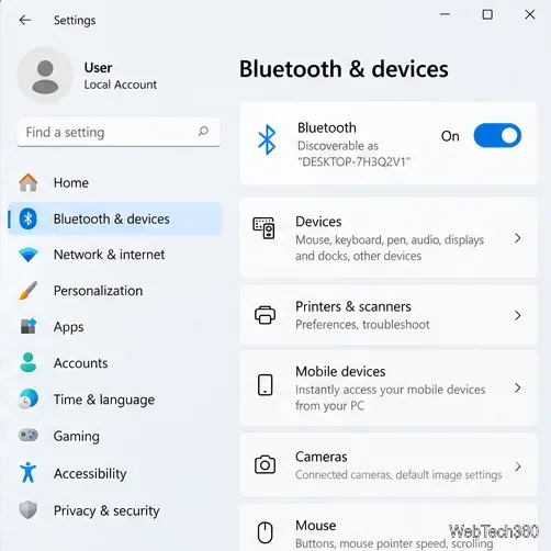Page Bluetooth et périphériques de Windows 11 avec le commutateur Bluetooth bleu et activé.
