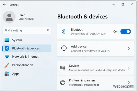 Paramètres Bluetooth et périphériques de Windows 11 avec l'option Ajouter un périphérique affichée