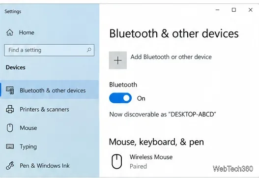 Paramètres Bluetooth et autres périphériques de Windows 10 indiquant que le Bluetooth est activé