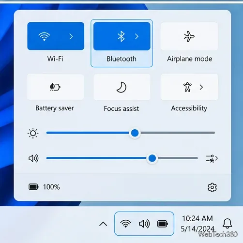 Panneau des paramètres rapides de Windows 11 avec la vignette Bluetooth mise en évidence en bleu