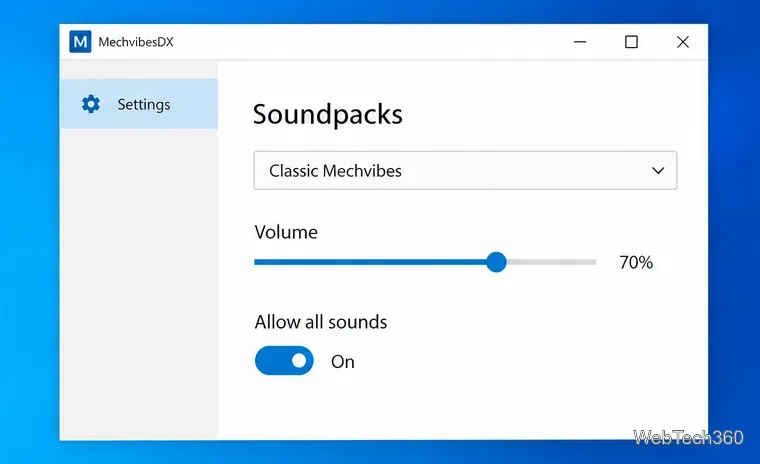 Configurações do MechvibesDX Soundpacks mostrando o Classic Mechvibes selecionado, o controle deslizante de volume e a opção Permitir todos os sons ativada.