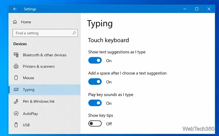 Na seção Teclado virtual das configurações de digitação do Windows 10, a opção "Reproduzir sons das teclas enquanto digito" está ativada.
