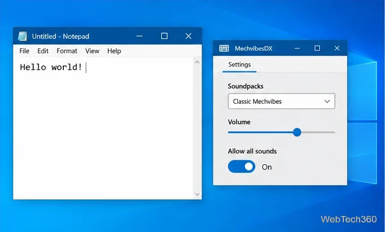 Abra o Bloco de Notas e o MechvibesDX na área de trabalho do Windows para testar os sons do teclado enquanto digita.