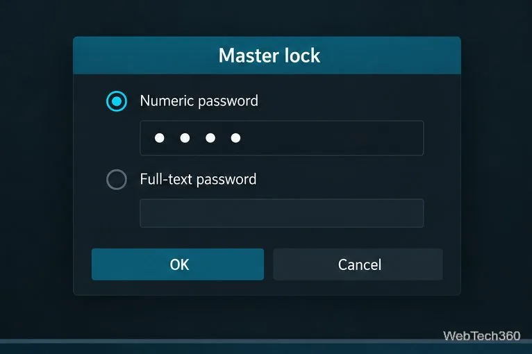 Une boîte de dialogue Master Lock avec des choix de mots de passe numériques et textuels et un champ PIN masqué.