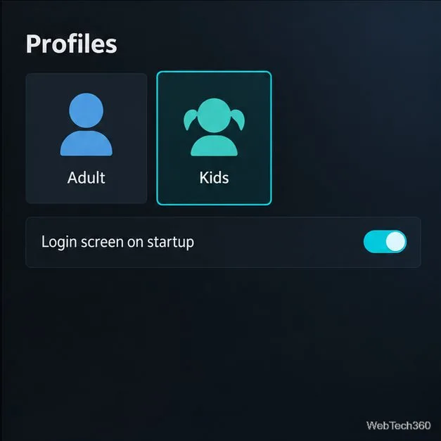 Le sélecteur de profils de Kodi affiche des profils distincts pour adultes et enfants, ainsi qu'une option de connexion au démarrage.