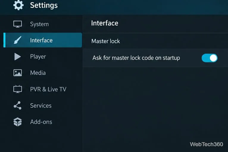 L'option « Demander le code de verrouillage principal au démarrage » est activée dans les paramètres d'interface de Kodi.