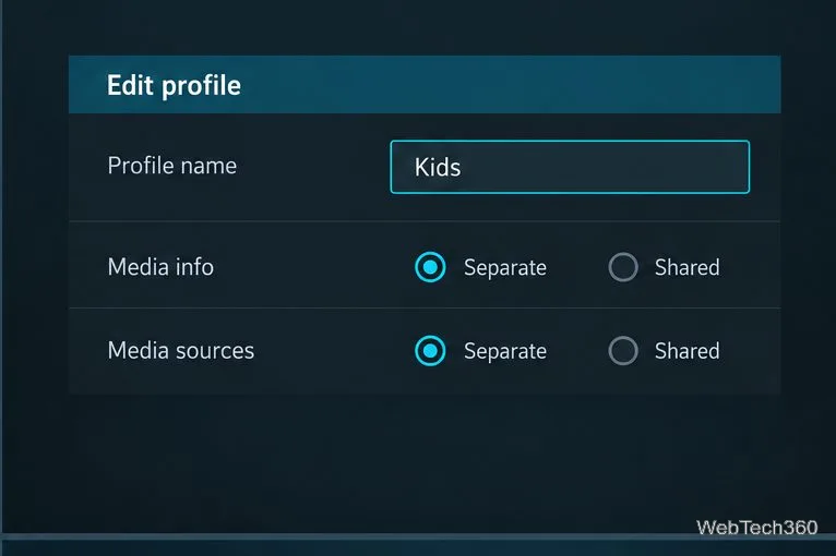 Un éditeur de profil enfant avec des informations médias et des sources médias séparées.