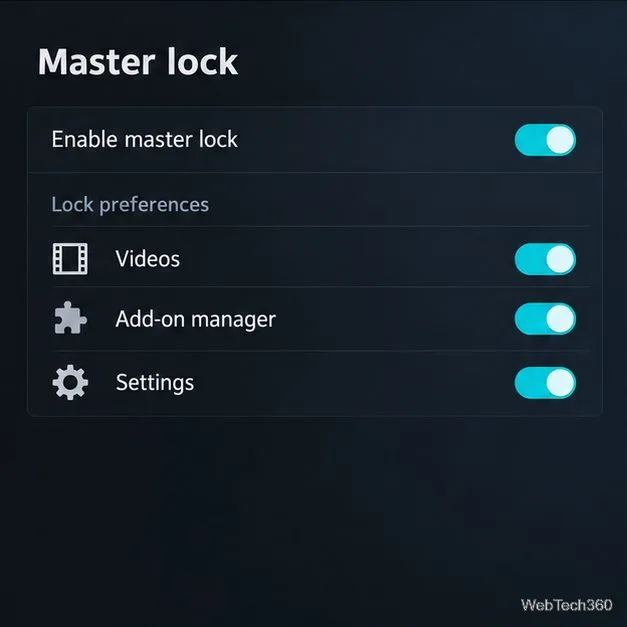 Préférences Master Lock avec vidéos, gestionnaire d'extensions et paramètres protégés par des boutons à bascule.