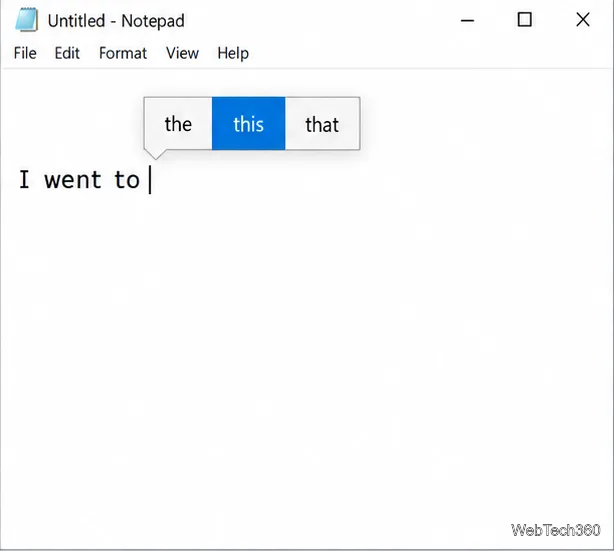 A Notepad suggestion row with the word this highlighted in blue.
