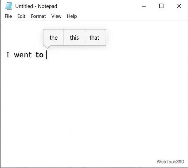 A Notepad text field with three word suggestions displayed above the typing cursor.