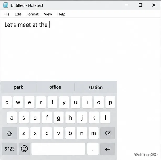 The Windows 10 Touch Keyboard open below a text field with park, office, and station in its suggestion strip.