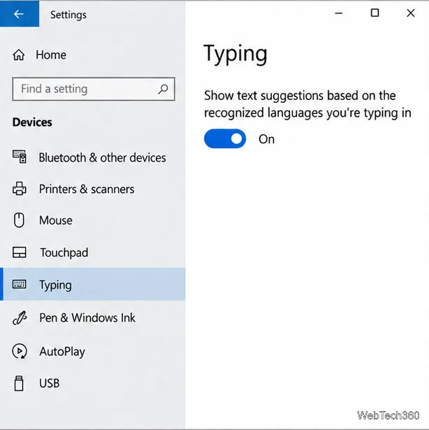 Windows 10 Typing settings with recognized-language text suggestions turned on.