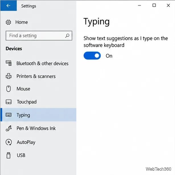 Windows 10 Typing settings with text suggestions on the software keyboard turned on.