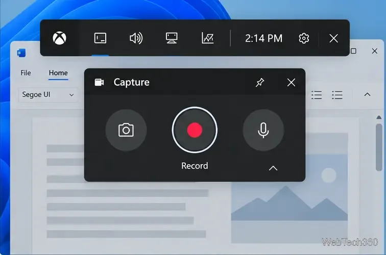 Widget de captura da Barra de Jogos do Xbox com controles de câmera, gravação e microfone