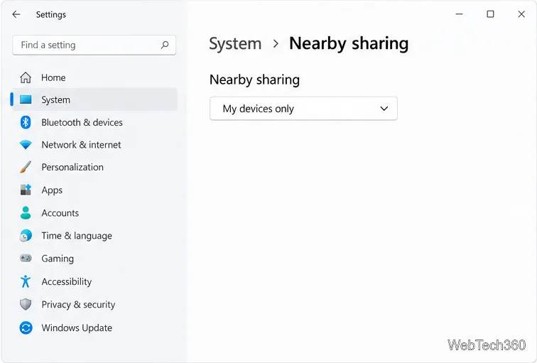 Vizualizare ilustrativă a setărilor de sistem din Windows 11 pentru Partajarea în apropiere, cu opțiunea „Doar Dispozitivele mele” selectată.