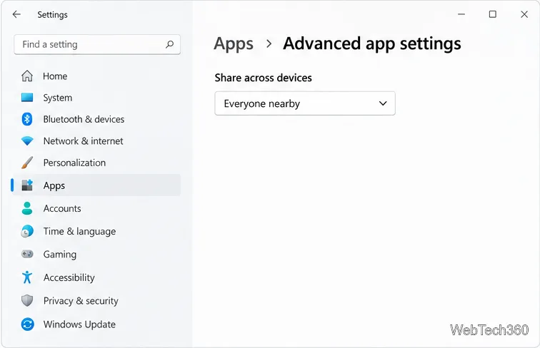 Vizualizare ilustrativă Setări Windows 11 pentru Partajare pe dispozitive cu opțiunea Toți cei din apropiere selectată.