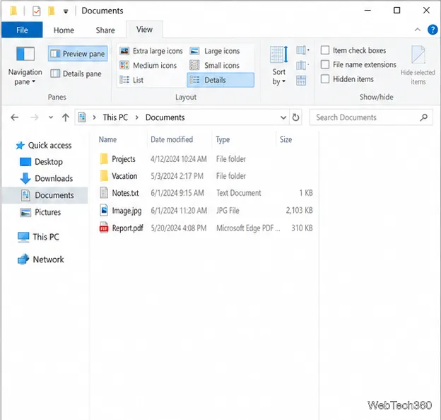 Polecenie panelu Podgląd wyróżnione na karcie Widok w Eksploratorze plików systemu Windows 10.