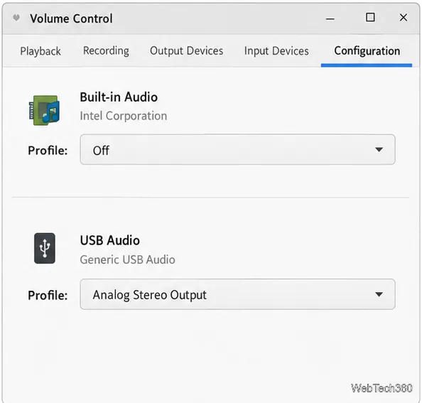 L'onglet Configuration de pavucontrol indique que l'audio intégré est désactivé et que l'audio USB est toujours actif.
