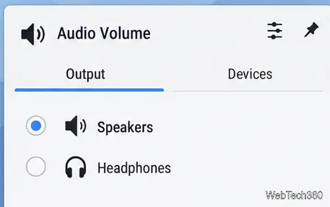 La fenêtre contextuelle de volume audio Plasma affiche les options Haut-parleurs et Casque, avec l'option Haut-parleurs sélectionnée.