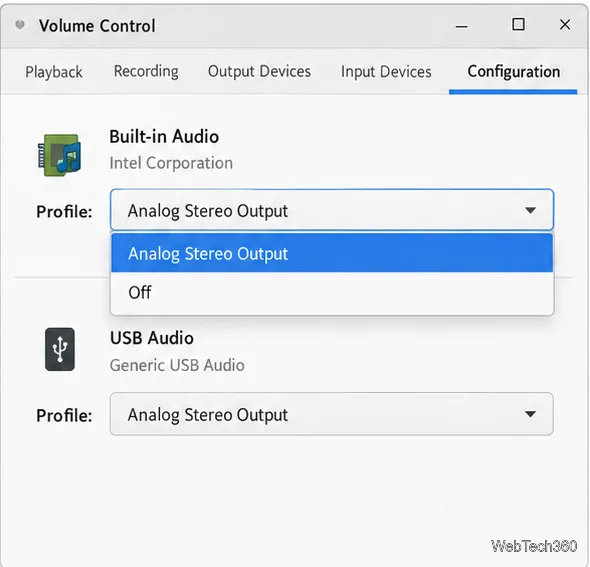 Onglet Configuration de pavucontrol avec la sortie stéréo analogique activée et l'option de profil désactivée visible.