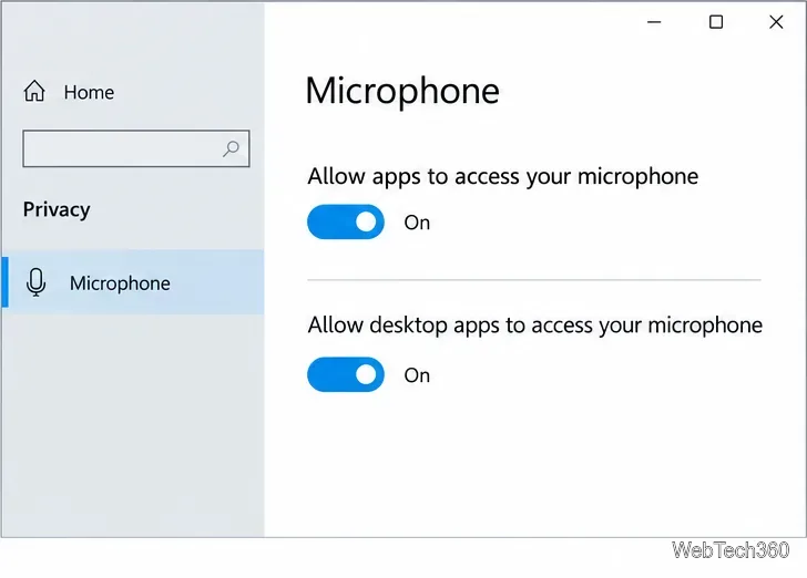 صفحة "خصوصية الميكروفون" في نظام التشغيل Windows 10 تعرض تفعيل الوصول إلى الميكروفون الخاص بالتطبيقات وتطبيقات سطح المكتب.