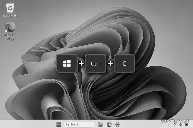 Bureau Windows 11 en niveaux de gris avec les touches Windows, Ctrl et C affichées
