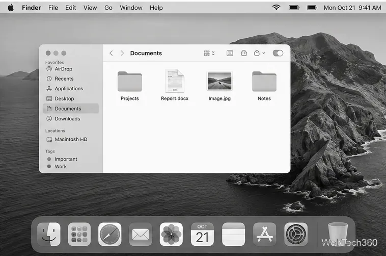 Bureau et dock du Finder Mac entièrement affichés en noir et blanc