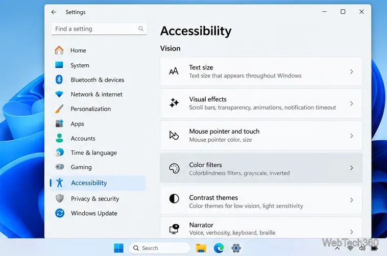 Paramètres d'accessibilité de Windows 11 affichant l'entrée Filtres de couleur