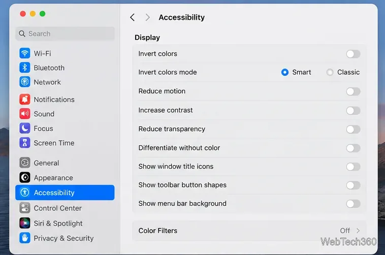 Paramètres d'accessibilité de Mac avec une section Filtres de couleur en bas