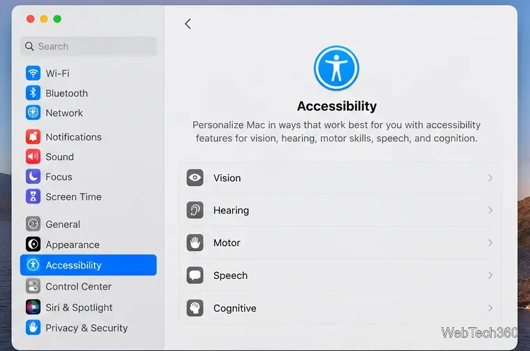 Fenêtre des réglages système Mac affichant l'option Accessibilité sélectionnée dans la barre latérale