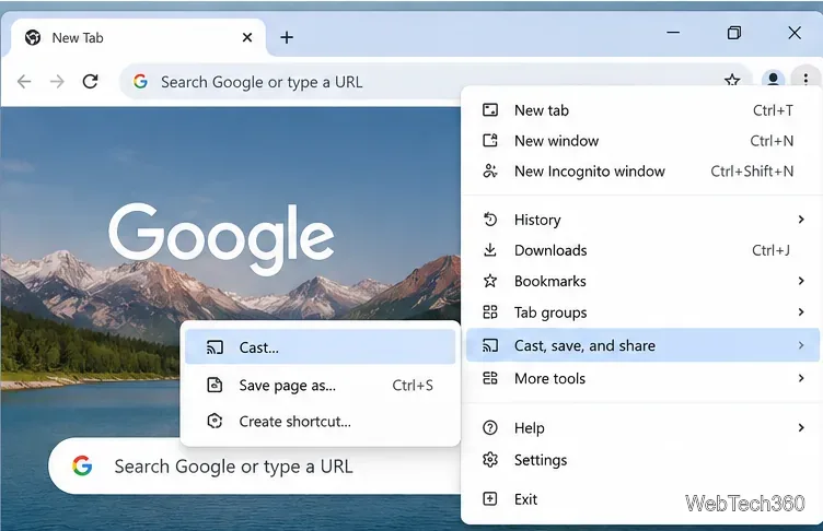 El menú del navegador Chrome se expandió a Transmitir, guardar y compartir con el comando Transmitir seleccionado.