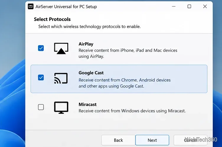 Ventana de configuración del receptor que muestra el protocolo Google Cast habilitado junto con las opciones AirPlay y Miracast.