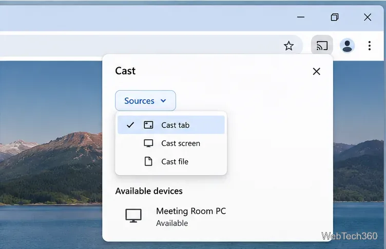 Panel Chrome Cast con pestaña Cast y opciones de fuente de pantalla Cast y un receptor de PC para sala de reuniones listado