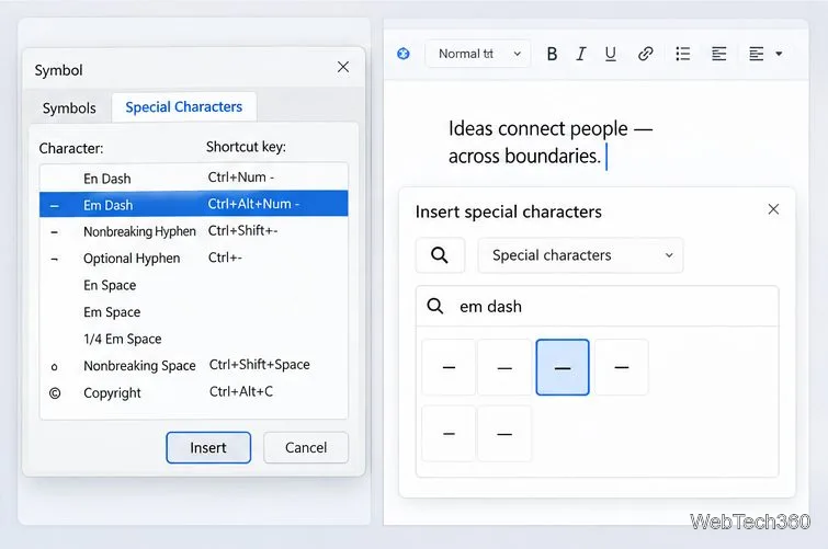 Diálogo de caracteres especiais do Word e seletor de caracteres especiais do Google Docs com um travessão selecionado.
