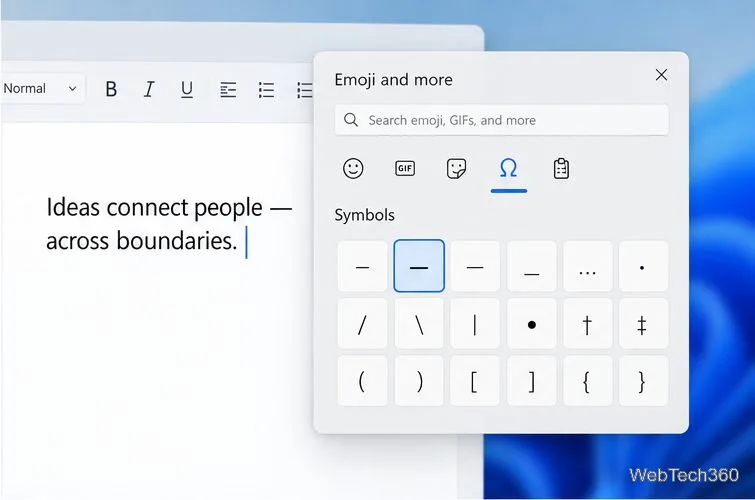 Painel "Emoji e mais" do Windows com símbolos selecionados e um travessão destacado.