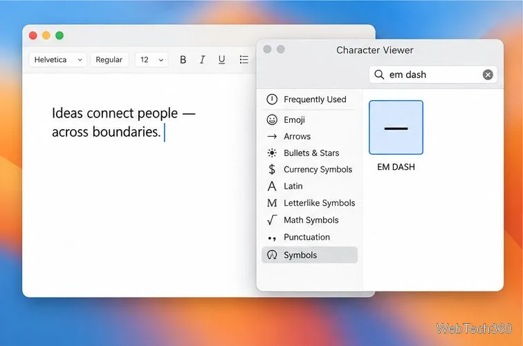 O Visualizador de Caracteres do Mac está procurando o caractere travessão (em hífen) com o caractere selecionado.
