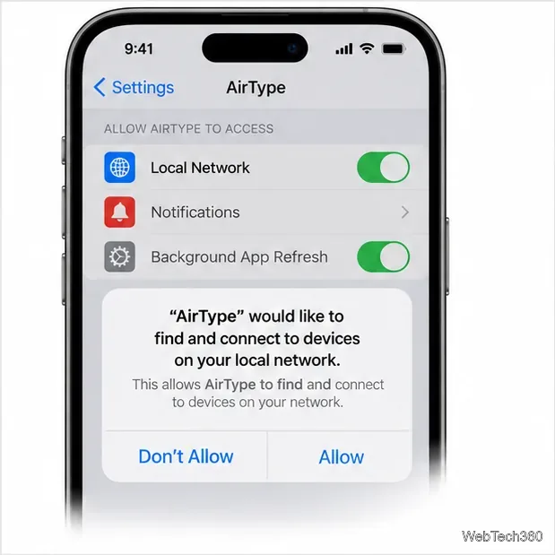 AirType Local Network permission prompt displayed over its iPhone settings