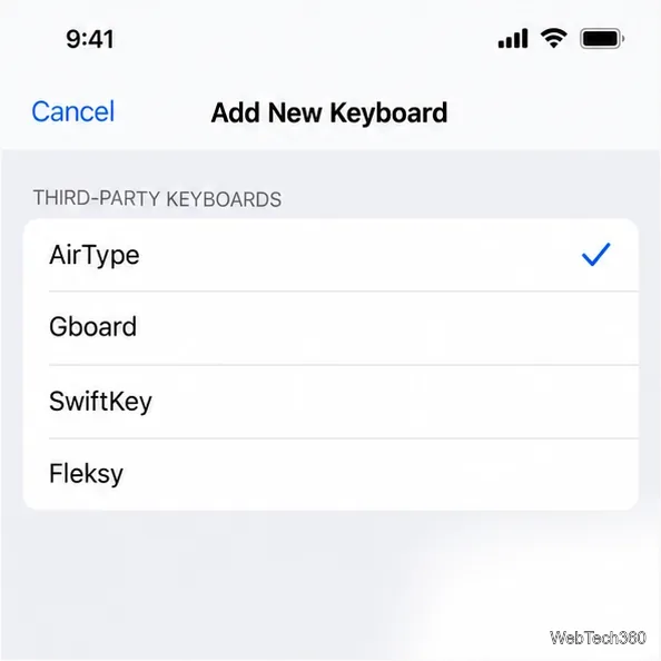 AirType selected in the iPhone Add New Keyboard list